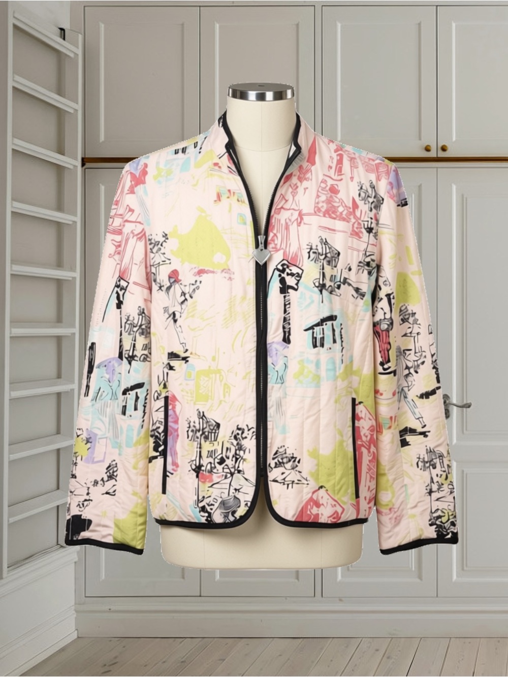 Vintage Rare Silk Club 100% Silk Artistic Sketch Novelty Print Zip Up Jacket